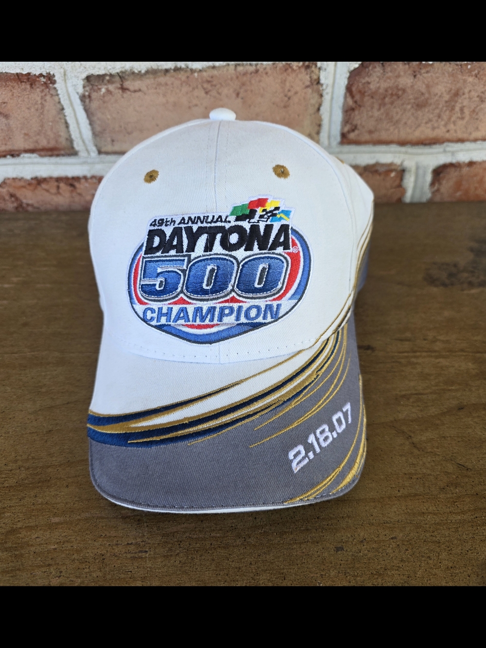 Daytona 500 Champion Embroidered Cap - White & Gray with Gold Accents